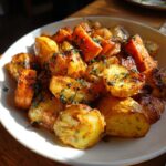 A white bowl filled with golden brown roasted potatoes and carrots, sprinkled with fresh parsley.