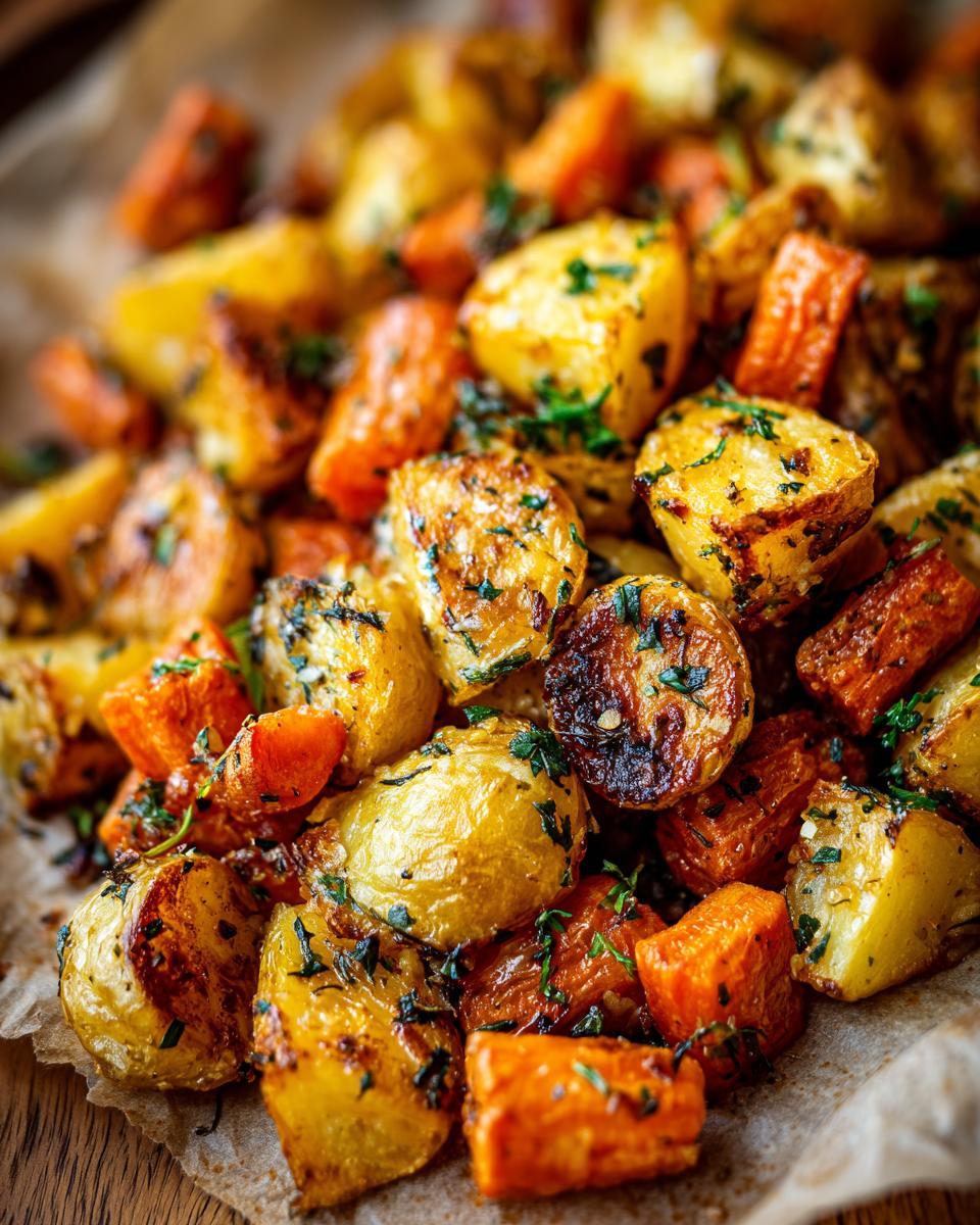 Close-up of golden brown roasted potatoes and carrots, seasoned with herbs.