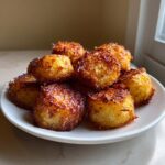 A pile of golden brown, crispy roasted potatoes stacked on a white plate.