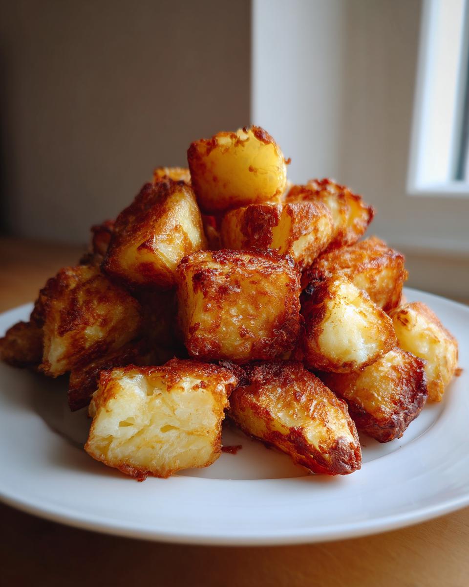 A mound of golden brown, crispy roasted potatoes piled high on a white plate.