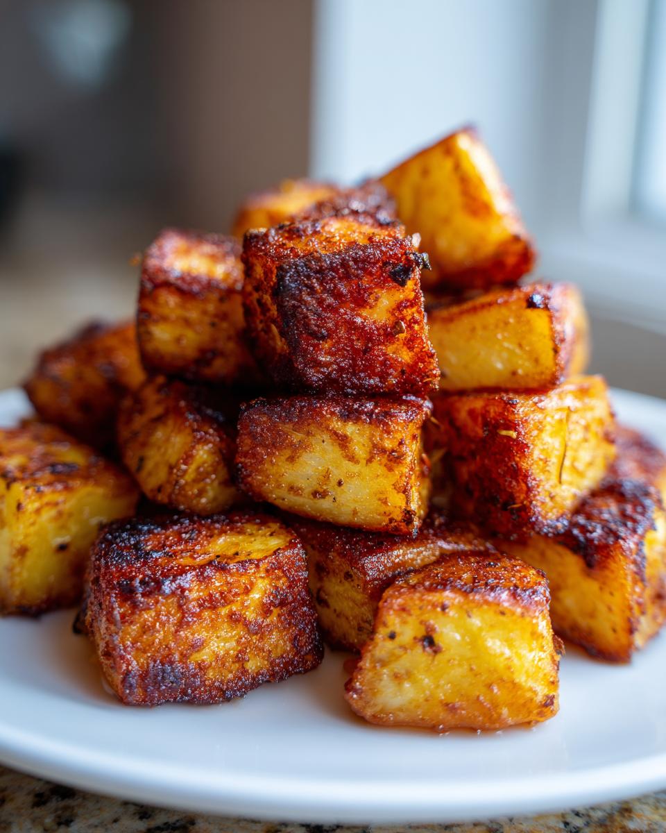 A close-up stack of golden brown, crispy seasoned breakfast potatoes cubes on a white plate.