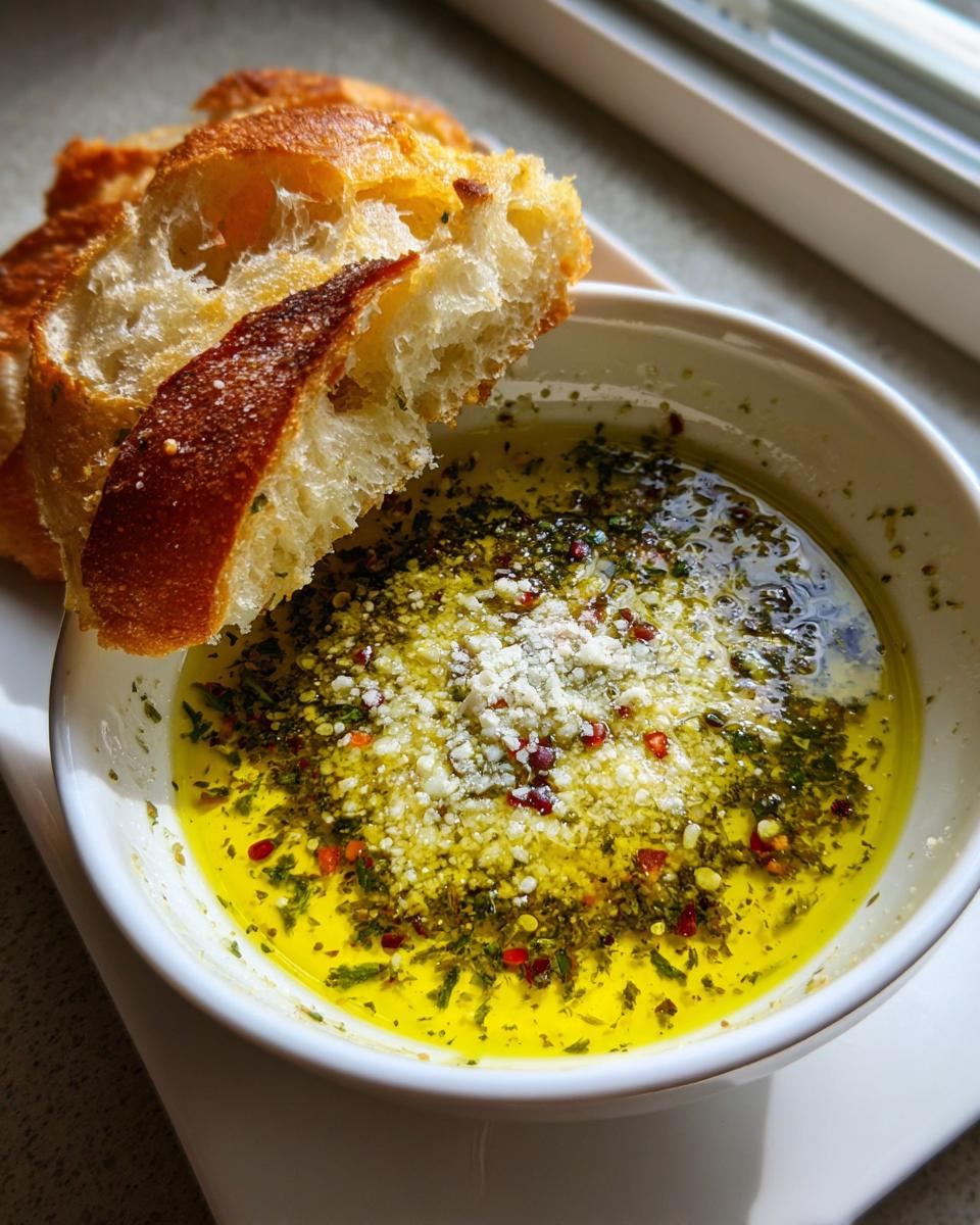 A piece of crusty bread is dipped into a white bowl of seasoned olive oil bread dip topped with herbs and cheese.