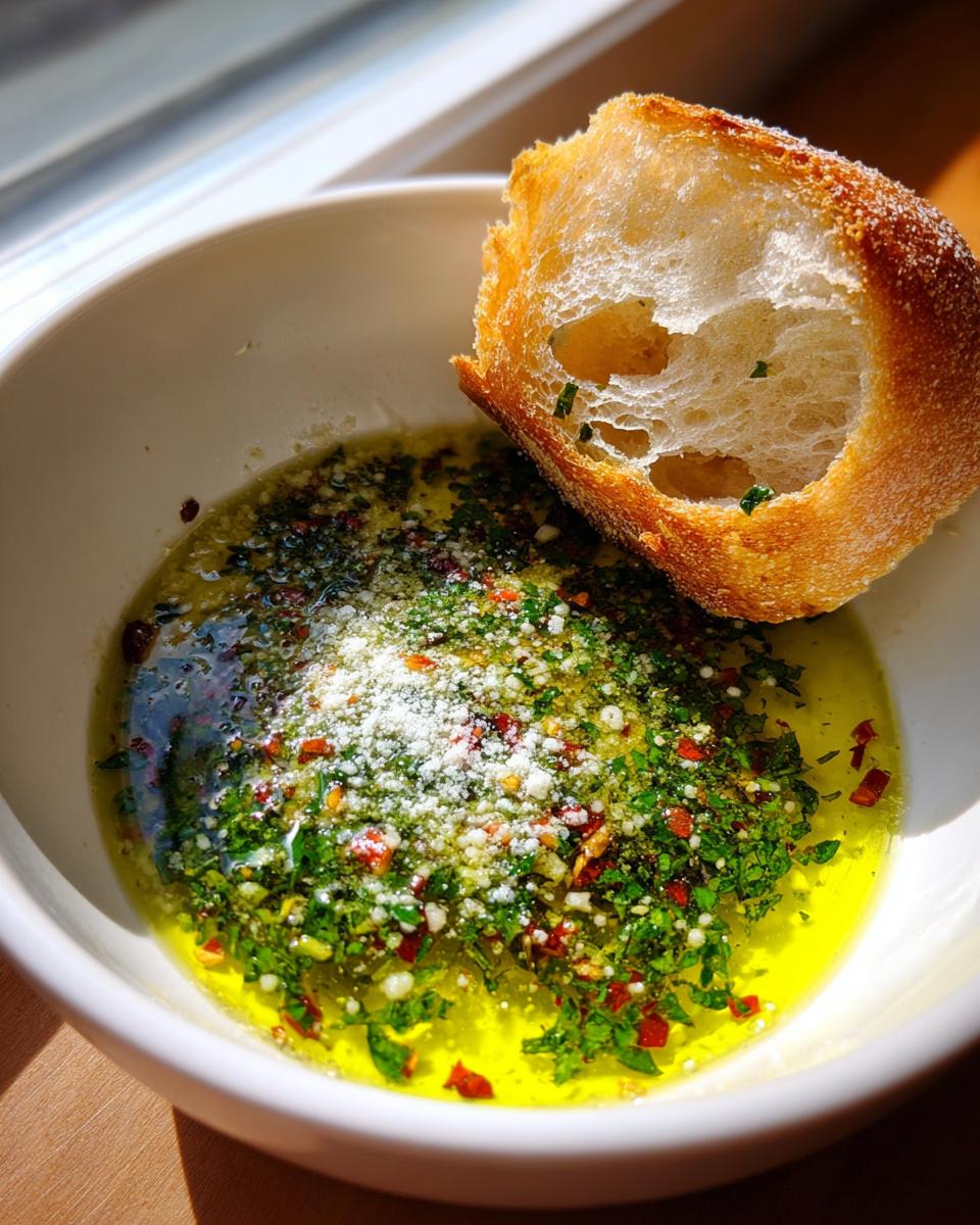 A piece of crusty bread dipped into a white bowl of seasoned olive oil bread dip topped with herbs and Parmesan.