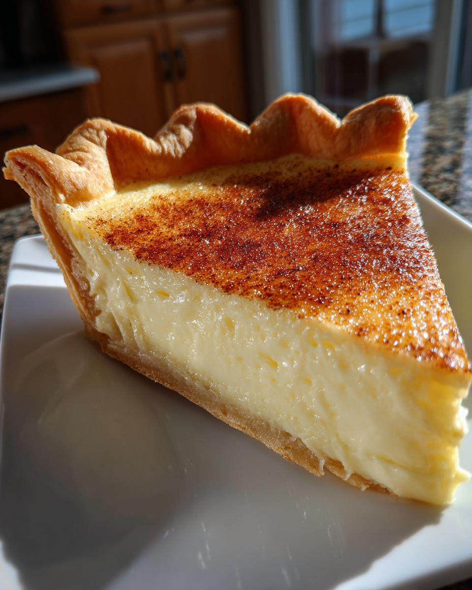 A close-up slice of smooth custard pie with a flaky crust and a dusting of cinnamon on top.