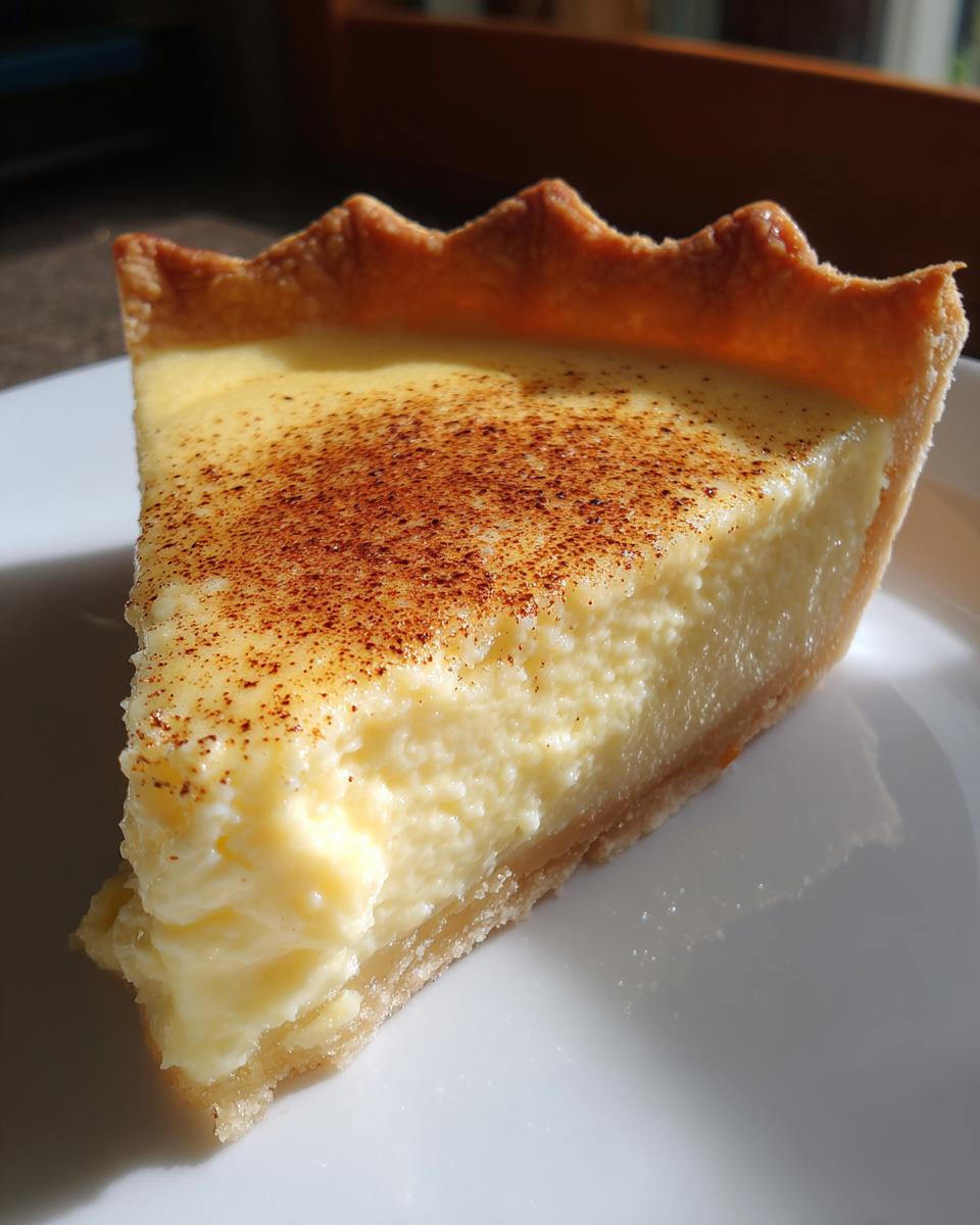 A close-up slice of creamy custard pie with a golden crust, lightly dusted with cinnamon.