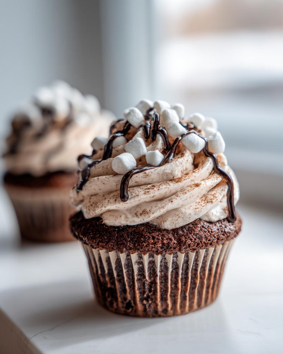 Close-up of a rich chocolate hot chocolate cupcakes topped with whipped frosting, mini marshmallows, and chocolate drizzle.