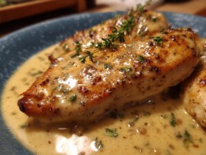 Close-up of pan-seared Dijon chicken breasts coated in a creamy sauce and garnished with fresh thyme.