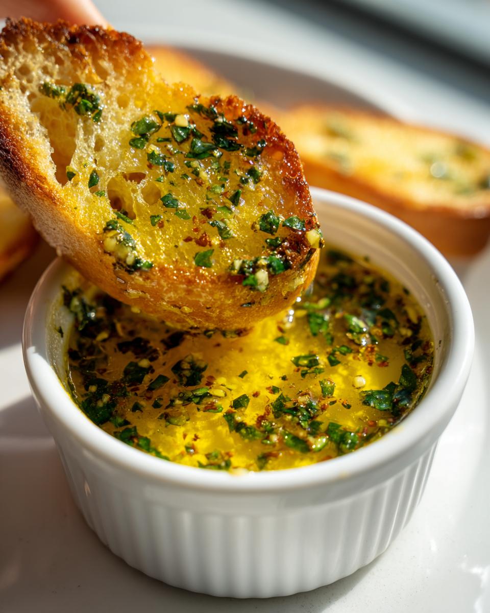 A piece of toasted bread being dipped into a small white ramekin of bright yellow cowboy butter dipping sauce.
