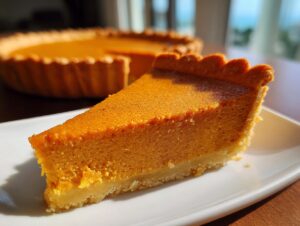 A close-up slice of rich orange easy pumpkin pie on a white plate, with the rest of the pie visible behind it.