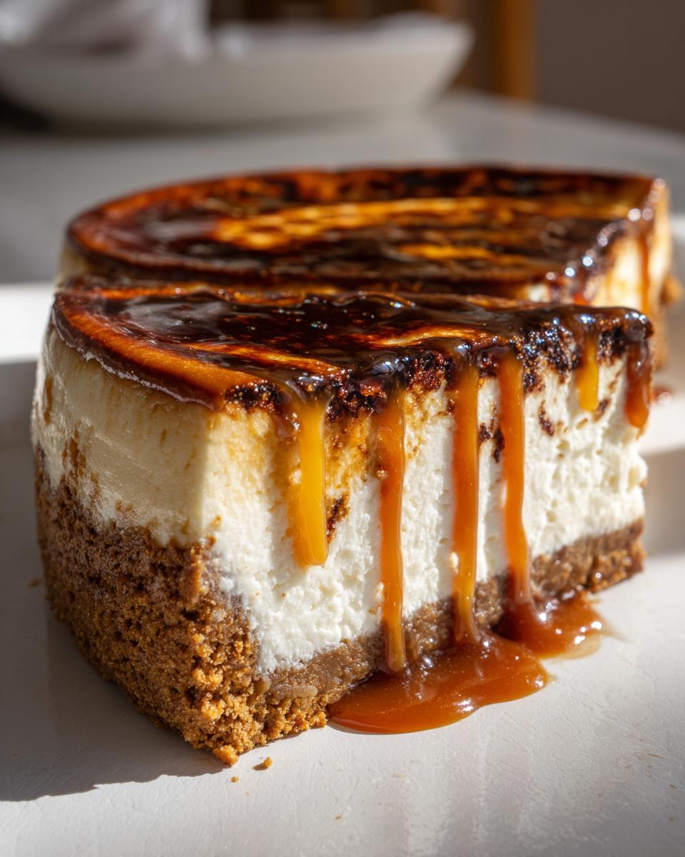 Close-up of a thick slice of salted caramel cheesecake showing the graham cracker crust and rich caramel dripping down the side.
