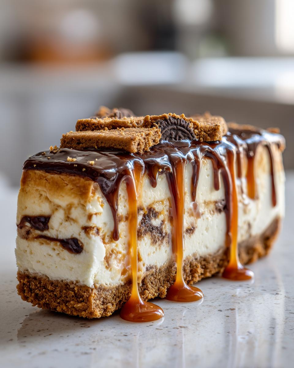 A decadent slice of easy salted caramel cheesecake with thick caramel and chocolate drizzle and cookie toppings.