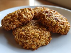 Four golden brown, textured breakfast cookie oat bars stacked closely on a white plate.