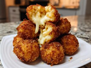A stack of golden brown fried mac and cheese balls, with one broken open showing gooey, melted cheese.
