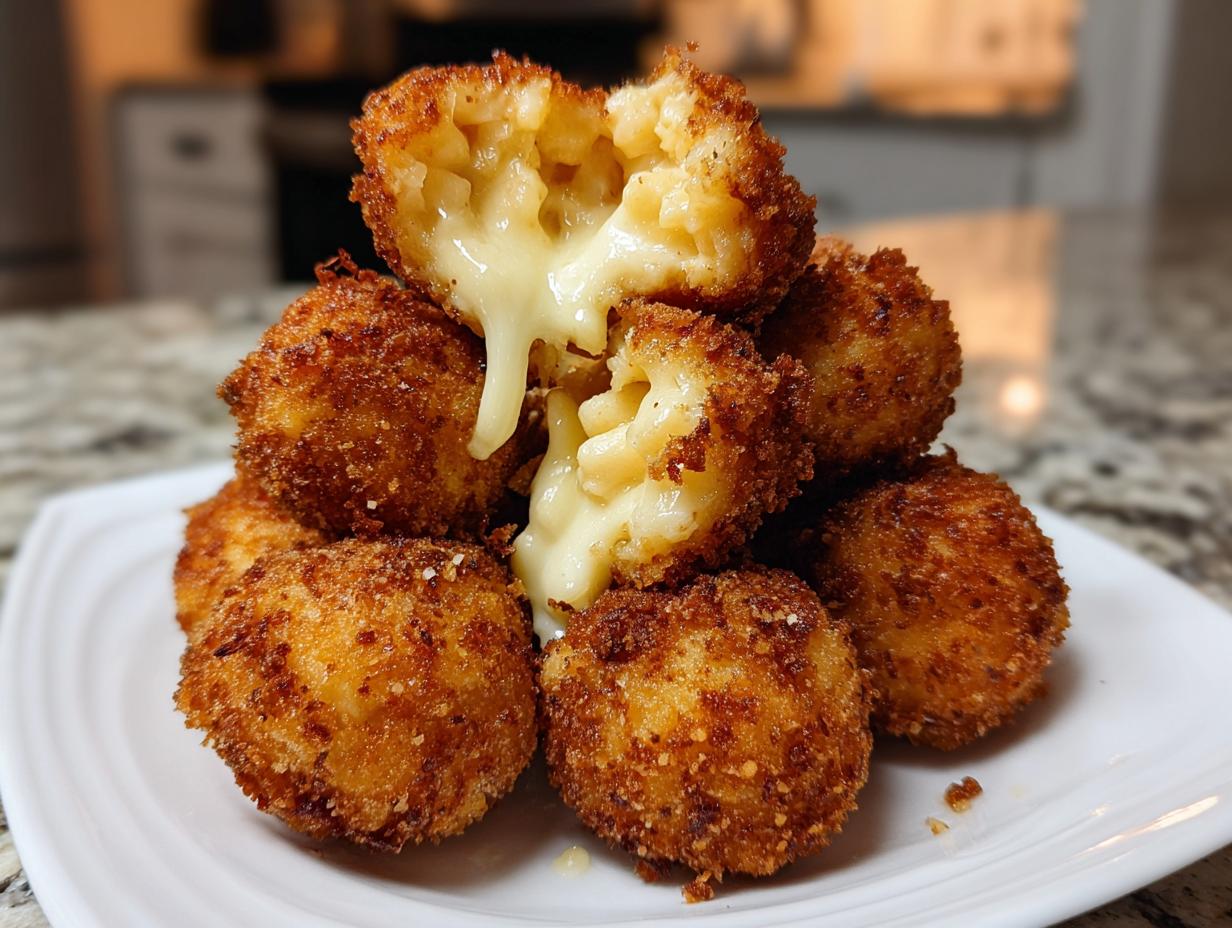A stack of golden brown fried mac and cheese balls, with one broken open showing gooey, melted cheese.