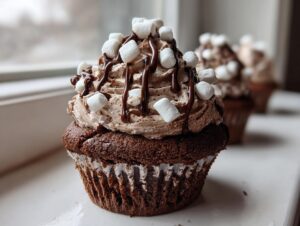 Close-up of a rich chocolate hot chocolate cupcake topped with light brown frosting, chocolate drizzle, and mini marshmallows.