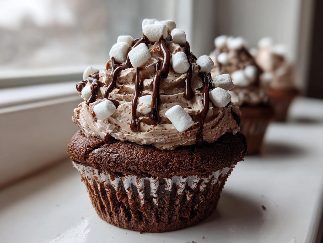 Close-up of a rich chocolate hot chocolate cupcake topped with light brown frosting, chocolate drizzle, and mini marshmallows.