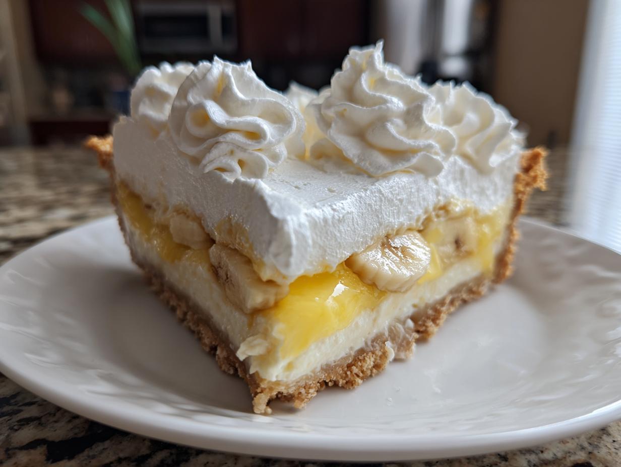 A perfect slice of banana cream pie showing layers of crust, cream, banana slices, and whipped topping.