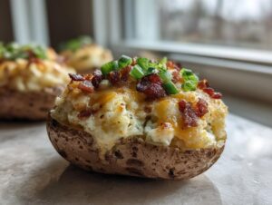 Close-up of a perfectly prepared twice baked potato stuffed with creamy filling, melted cheddar, bacon bits, and green onions.