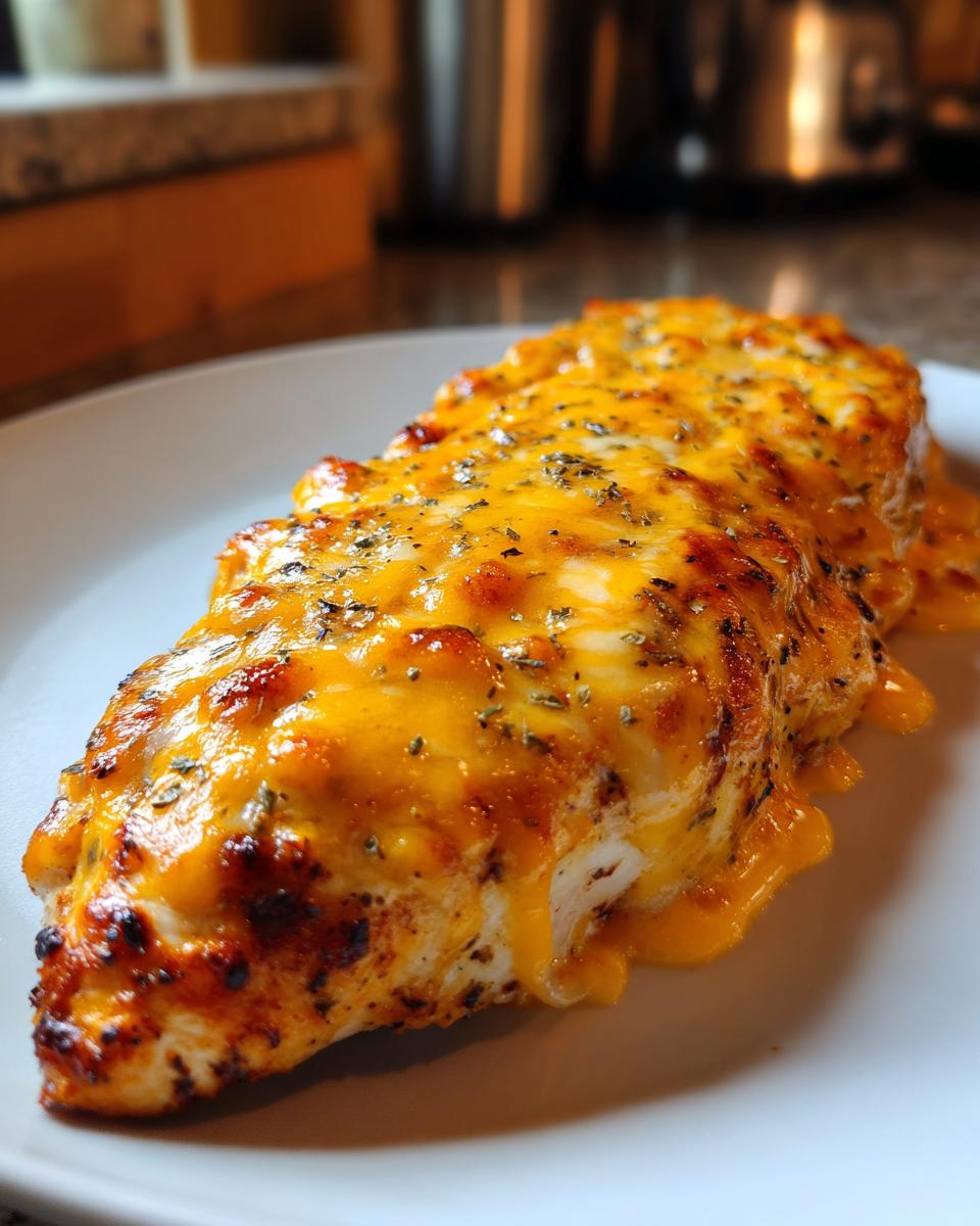 A close-up of a baked chicken breast topped with melted orange cheese and herbs, ready to serve as Fiesta Lime Chicken.