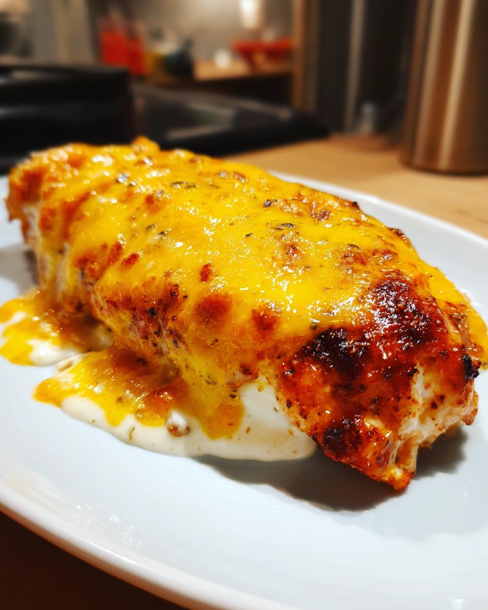 Close-up of a baked chicken breast smothered in melted, browned cheddar cheese, sitting on a white sauce.