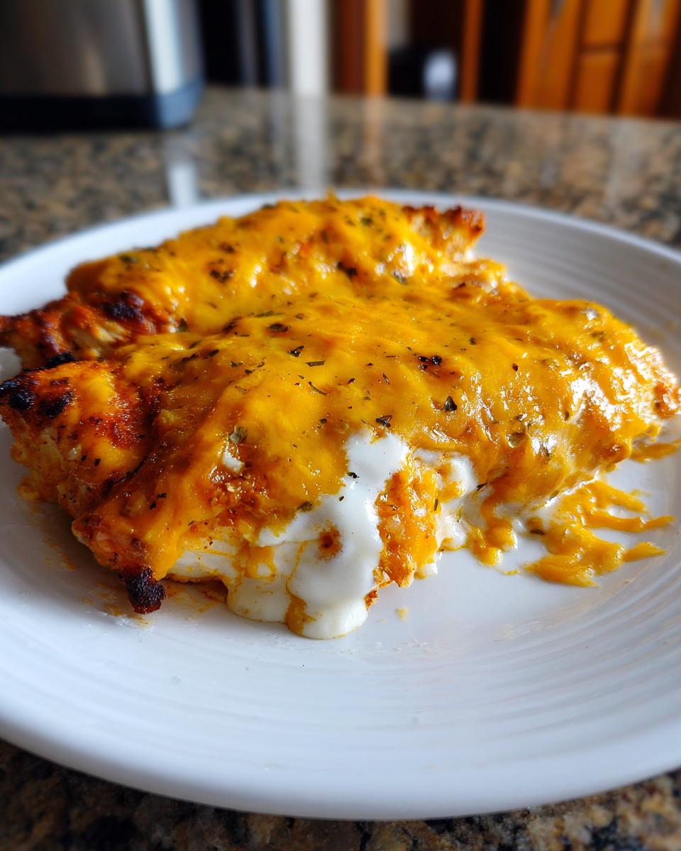 Two pieces of baked fiesta lime chicken covered in melted orange cheddar cheese sauce on a white plate.