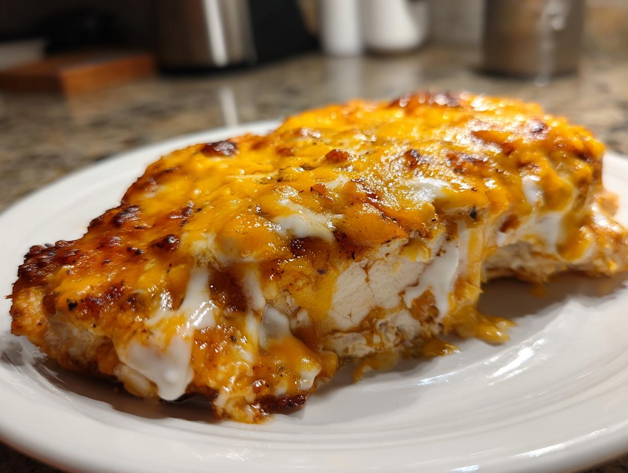 Close-up of a juicy chicken breast topped with melted, bubbly cheddar and white cheese, part of the Fiesta Lime Chicken recipe.