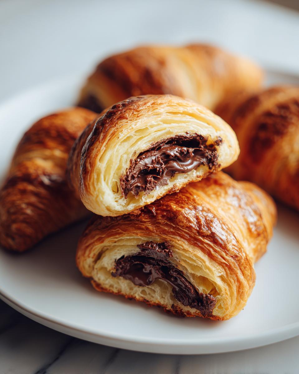 Close-up of a flaky, golden-brown chocolate croissant cut in half, revealing melted chocolate filling.