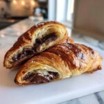 A flaky, golden-brown chocolate croissant cut in half, revealing melted chocolate filling inside.