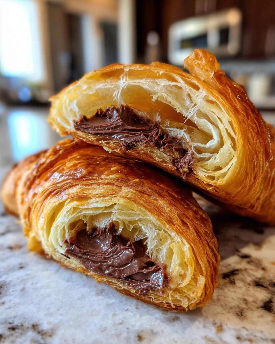 Close-up of a flaky, golden-brown chocolate croissant cut in half, revealing rich melted chocolate filling inside.