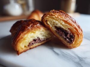 A flaky, golden-brown chocolate croissant cut in half, revealing the melted chocolate center and airy layers.