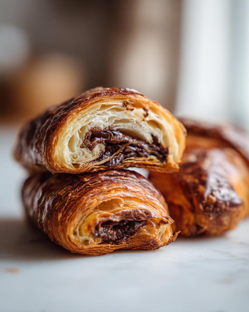 Close-up of a flaky, golden-brown chocolate croissant cut in half showing melted dark chocolate filling.