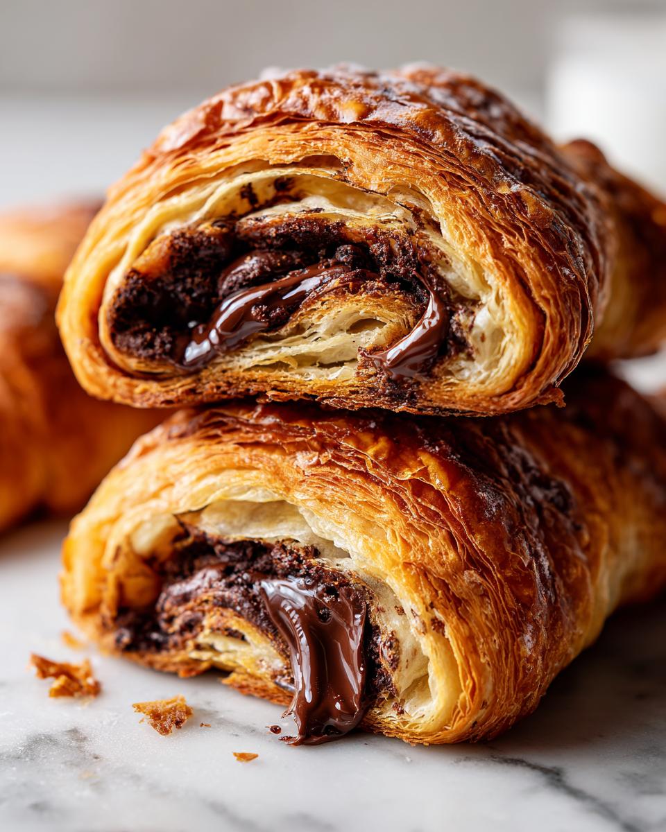 Close-up of two halves of a flaky chocolate croissant stacked, showing gooey melted chocolate oozing out.