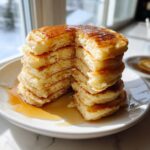 A tall stack of fluffy almond flour pancakes with a piece removed, drizzled generously with maple syrup.