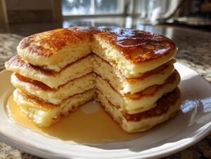 A tall stack of fluffy almond flour pancakes, cut to show the interior texture, drizzled with syrup.