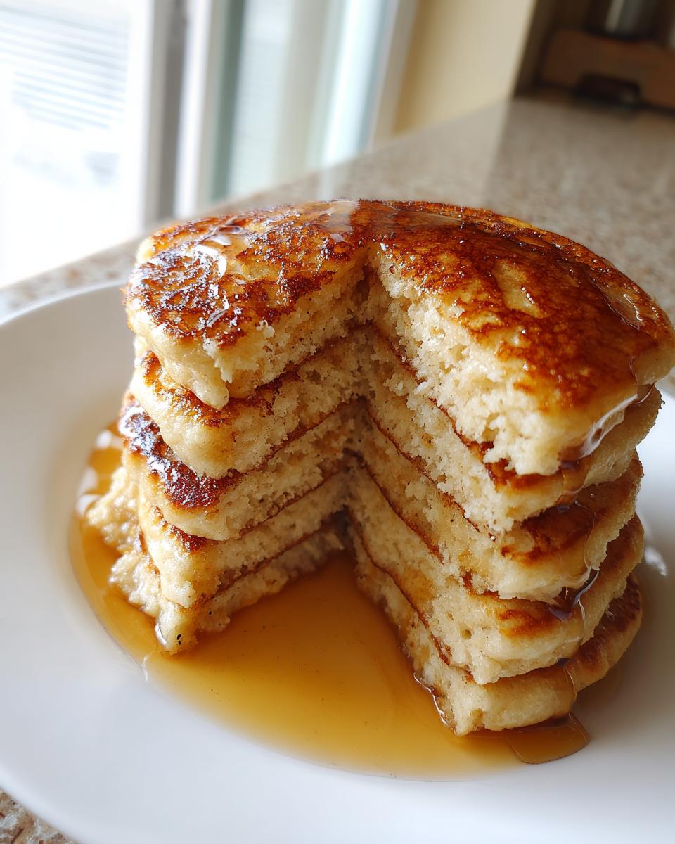 A tall stack of fluffy almond flour pancakes with a slice cut out, drizzled generously with maple syrup.