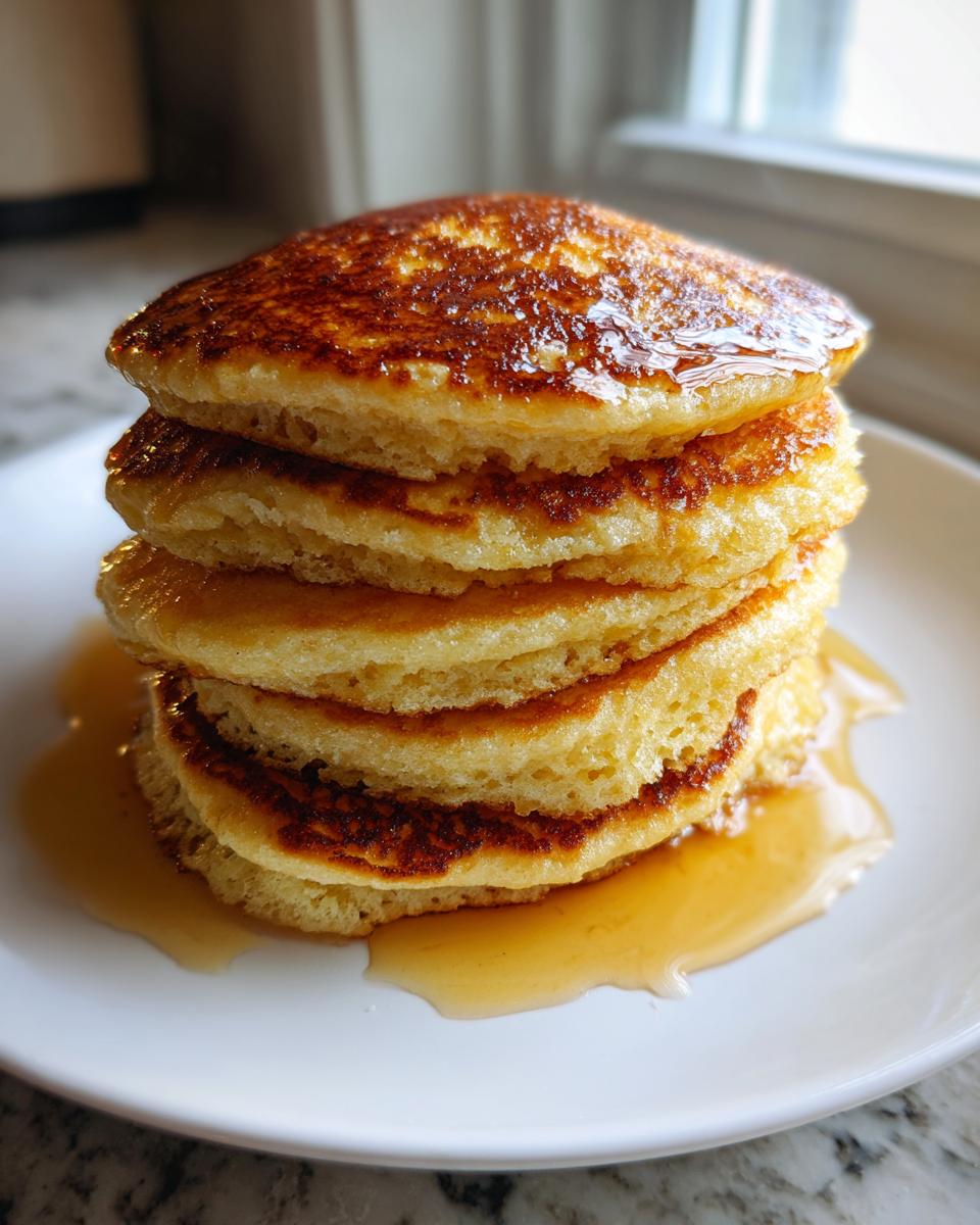 A tall stack of four golden brown almond flour pancakes drizzled with syrup on a white plate.
