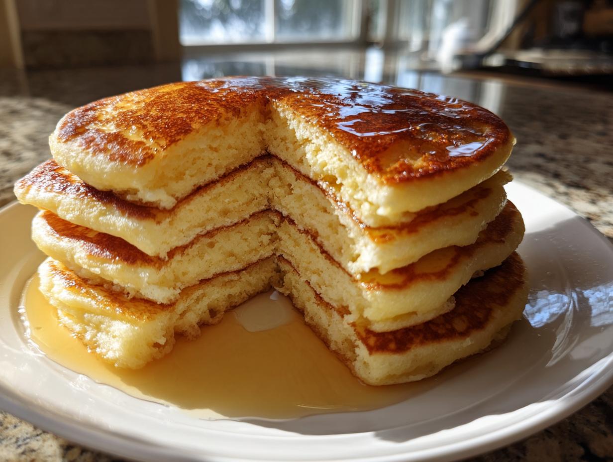 A tall stack of fluffy almond flour pancakes, cut to show the interior texture, drizzled with syrup.