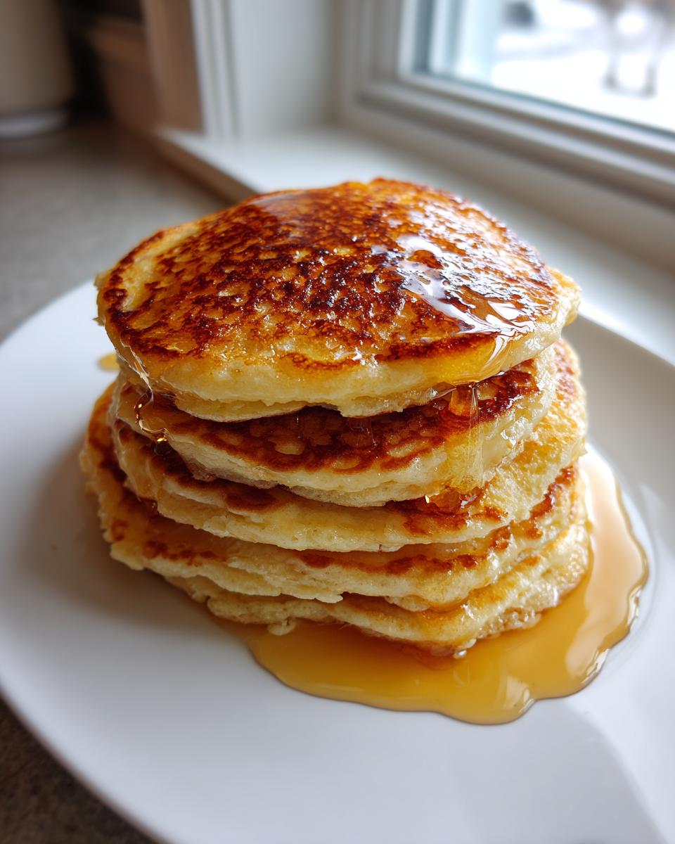 A tall stack of golden brown almond flour pancakes drizzled generously with maple syrup on a white plate.