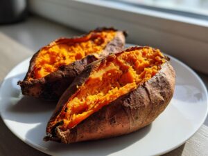 Two perfectly cooked baked sweet potatoes, split open to show the bright orange, fluffy interior, resting on a white plate.
