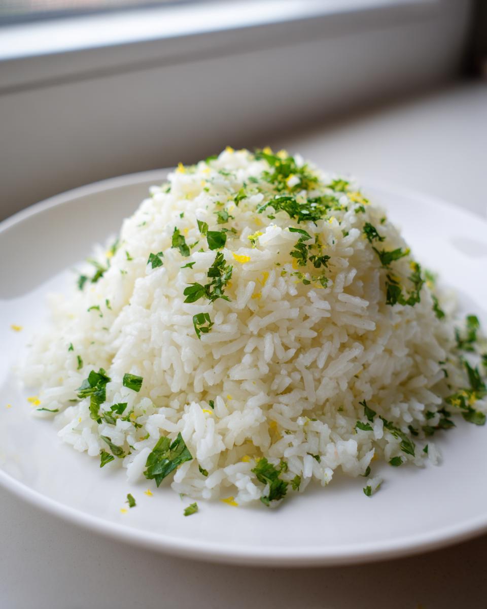 A mound of fluffy white cilantro lime rice garnished with chopped green herbs and yellow zest on a white plate.