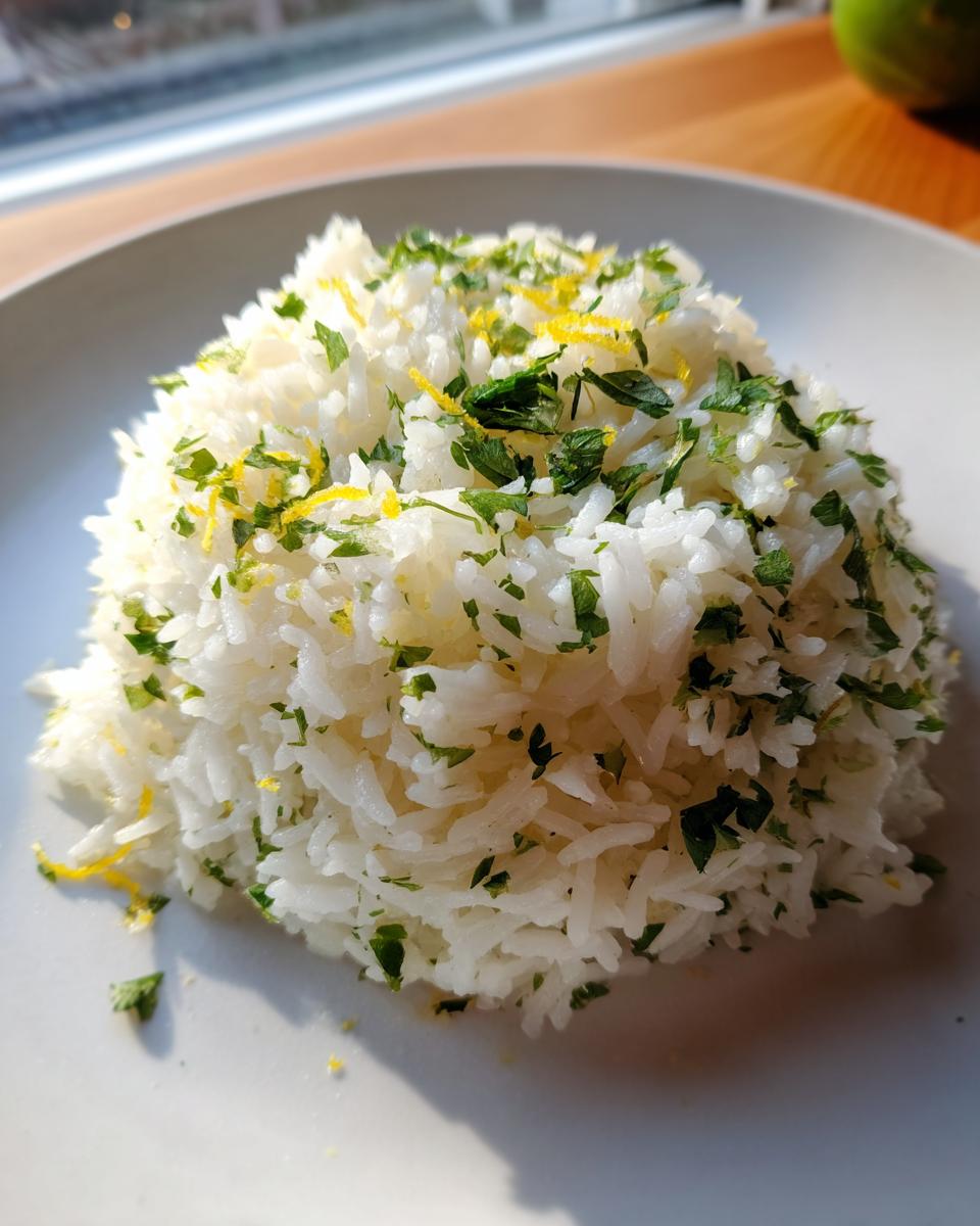 A mound of fluffy white cilantro lime rice topped with fresh chopped cilantro and bright yellow lime zest.
