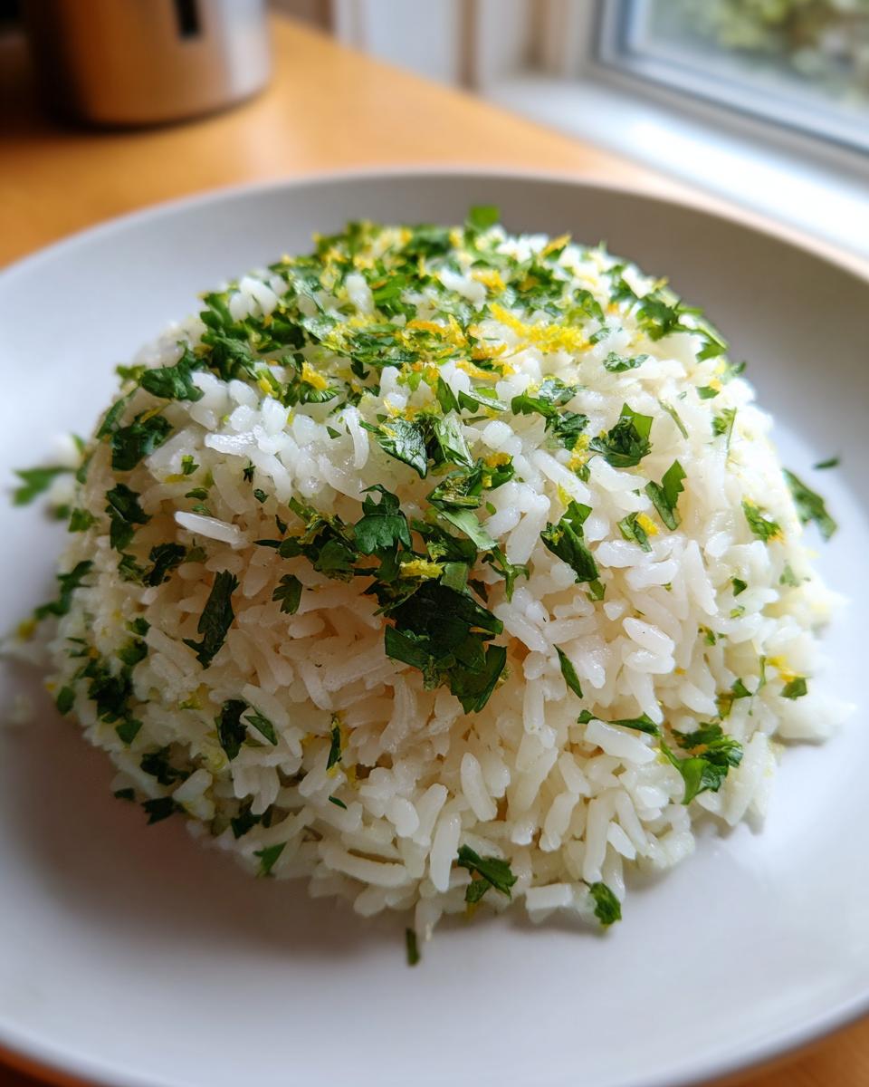A mound of fluffy white cilantro lime rice topped generously with chopped cilantro and lime zest.