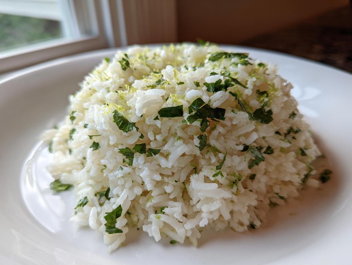 A mound of fluffy cilantro lime rice topped with fresh cilantro and bright green lime zest.