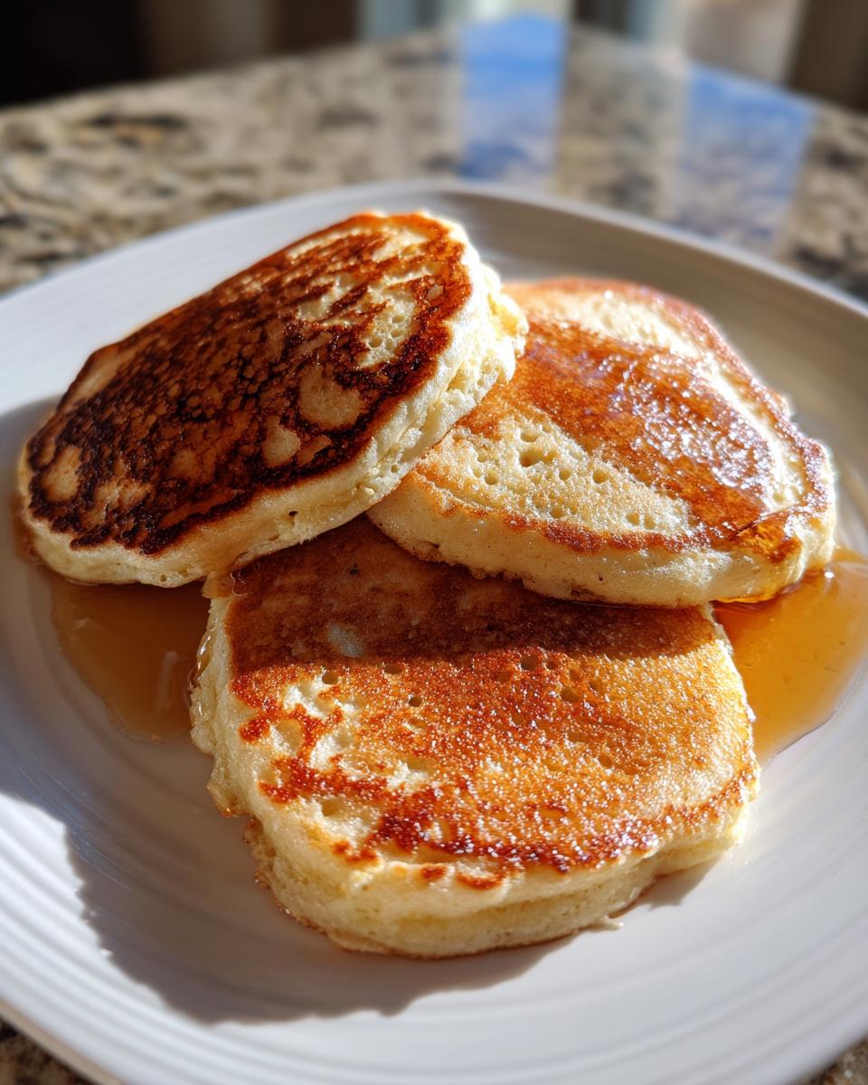 Three fluffy discard pancakes stacked on a white plate, drizzled with golden syrup.