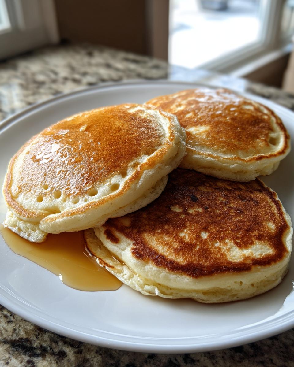 Three fluffy discard pancakes stacked slightly on a white plate, drizzled with maple syrup.
