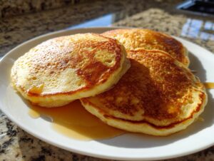 Three golden brown discard pancakes stacked on a white plate, drizzled with syrup.