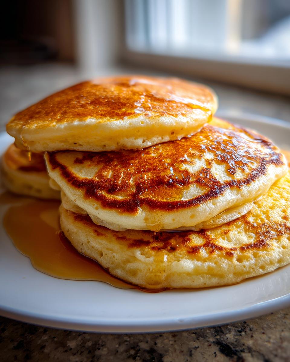 A close-up of a stack of golden brown discard pancakes generously drizzled with maple syrup on a white plate.