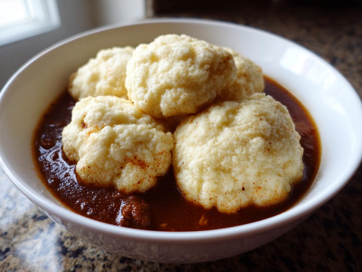 Close-up of fluffy, light-colored dumplings soaking in a bowl of dark, rich gravy, highlighting the texture of the dumplings.