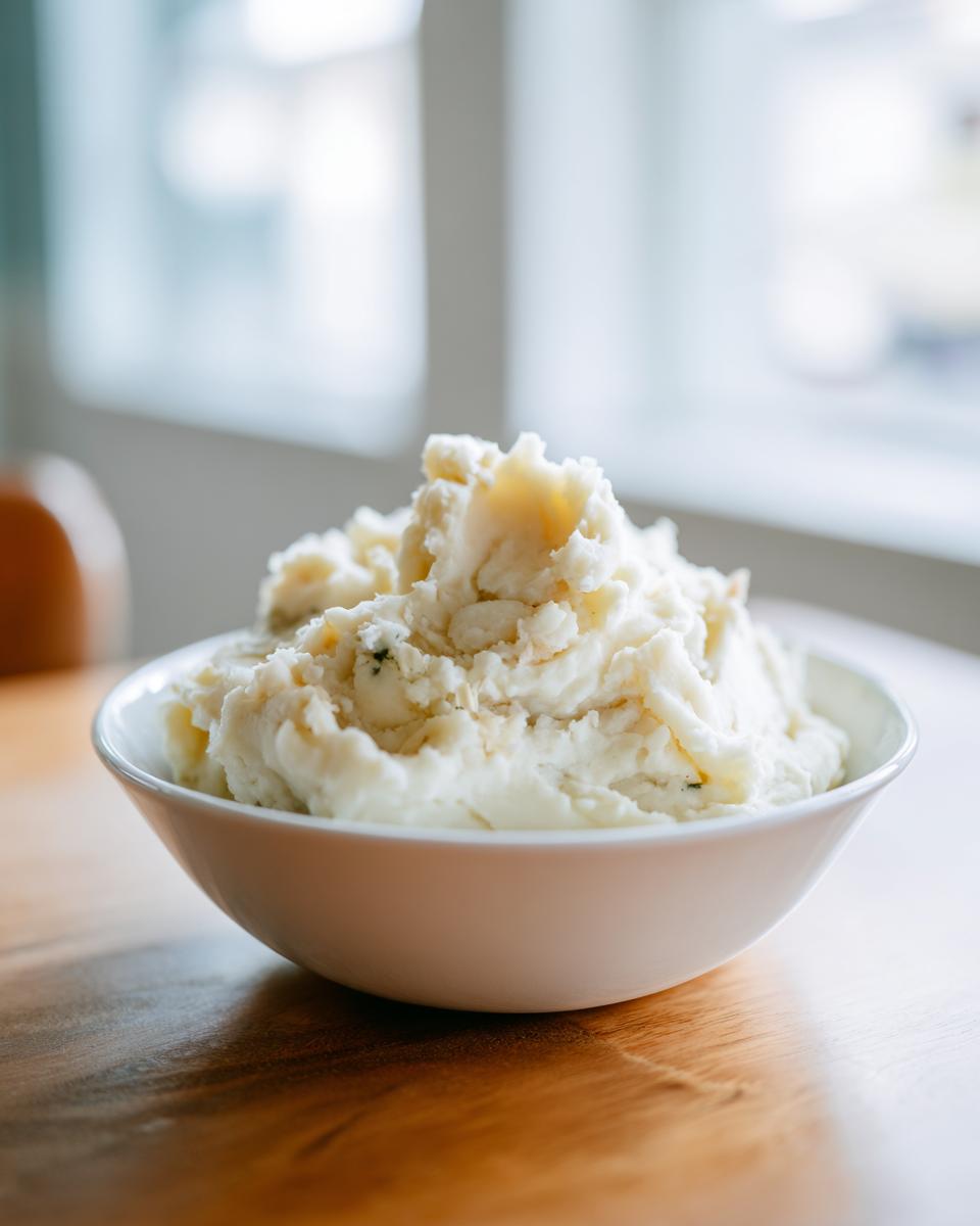 A white bowl overflowing with creamy, fluffy garlic mashed potatoes sitting on a wooden table.