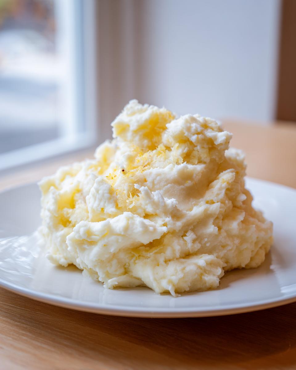 A generous serving of fluffy garlic mashed potatoes topped with visible lemon zest on a white plate.